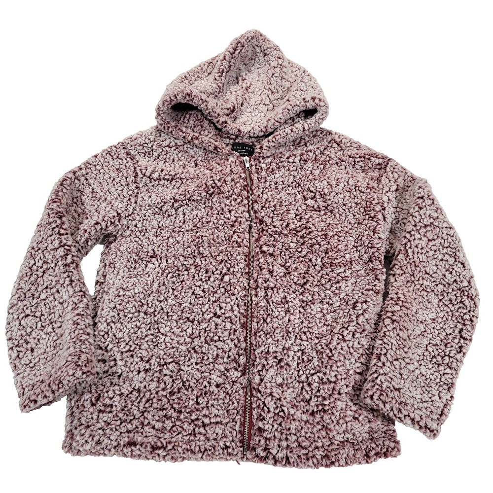 Sherpa Fleece hoodie Love Tree M Burgundy White full zip cozy fuzzy